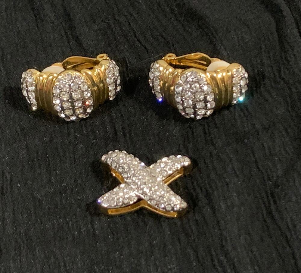 Vintage 90s Gold & Rhinestone Earrings and X Slider Pendant Set